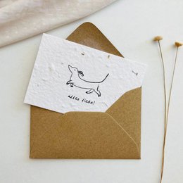  Plantable greeting card A7 with dachshund illustration, "alles Liebe" text, kraft envelope, white seeded paper.