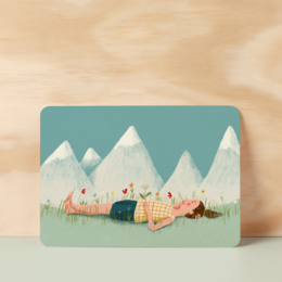 A postcard with a whimsical illustration of a camping scene in the mountains, featuring tents, campfires, and a starry night sky.