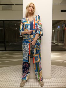 Set of trousers with matching kimono in colorful satin