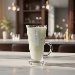  "Green matcha latte candle with ice cube effect, tall glass container, creamy beverage-inspired scent, 250g"