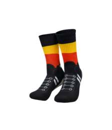 Black socks with Belgium flag stripes, yellow red gold colors, football themed, fun silly design.