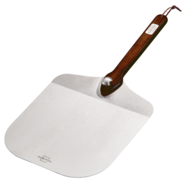 Stainless steel pizza shovel with 30 cm diameter and rotating handle, suitable for cutting boards.