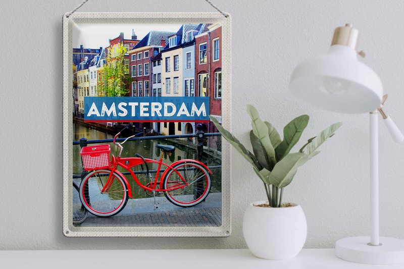 Tin sign travel 30x40cm Amsterdam travel destination bicycle