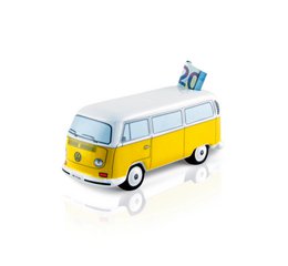 A yellow and white ceramic Volkswagen VW T2 Bus Money Bank in 1:22 scale, featuring a 20 euro bill on the roof.