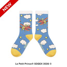  Blue kids socks with aviator, airplane, clouds, yellow heel toe, Le Petit Prince themed design
