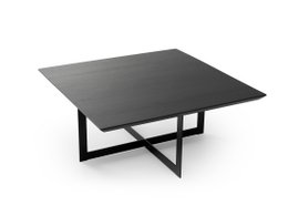 Square coffee table in oak or walnut wood with black metal frame.