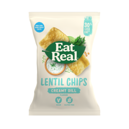 Lentil chips with creamy dill flavor, made with real ingredients and no artificial additives. Crunchy, savory snack with 30% less fat than regular potato chips.