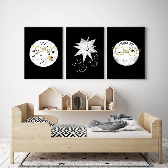 Kinderkamer poster Ster - Planeten serie - Zwart wit geel