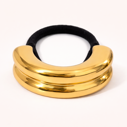 Gold metallic hair tie with black elastic band, chunky ridged design, elegant accessory