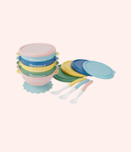 Set mit 5 rutschfesten Schüsseln und 3 flexiblen Löffeln