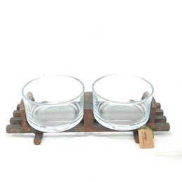 Industrial-style glass bowls with a wooden tray, suitable for pet food or other household uses. The bowls have a simple, minimalist design with a rustic wooden tray.