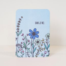 Colorful floral postcard with text 'Thank you' and 'Well lets'. Includes various flowers and hearts in a decorative design.