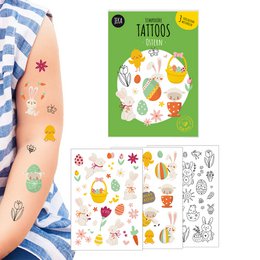 A set of colorful, temporary Easter-themed tattoos featuring various designs such as eggs, bunnies, and flowers. The tattoos are suitable for children and can be used to decorate skin during the Easter holiday.