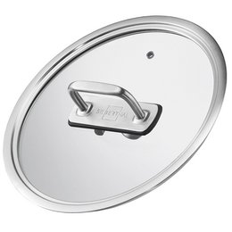 A round, stainless steel lid with a metal handle, suitable for pans and pots with a 20 cm inner diameter.