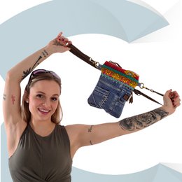 Sunsa lille bæredygtig skuldertaske til kvinder. Skuldertaske lavet af genbrugte jeans & canvas (canvas). Håndtaske vintage retro stil. Crossbody taske til kvinder.