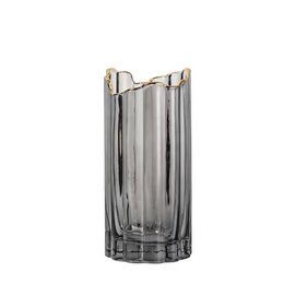 A tall, cylindrical smoky glass vase with a copper rim. The vase has a sleek, modern design and would make a stylish addition to any home decor.