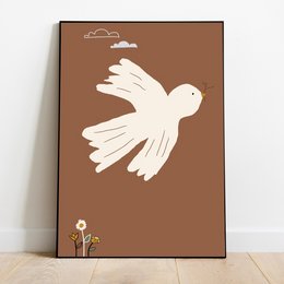 A white dove in flight against a brown background, with a small tree and flowers in the foreground. This poster would be suitable for a child's room, featuring a peaceful, nature-inspired design.