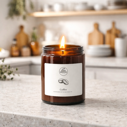 Scented coffee-scented candle in a glass jar with a brown label and lid.