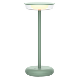 Sage green round pedestal table lamp with metal stem and circular base, modern minimalist design