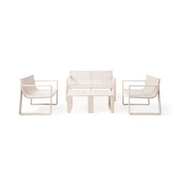 Milky wheat and modern moss garden set with 2 chairs and a bench. Minimalist, modern design with clean lines and neutral colors.