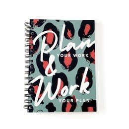 Leopard print planner with the text "Plan your work, your plan" on the cover. The planner has a spiral binding and pages with weekday labels.