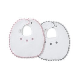 Two white cotton bibs with pink trim and polka dot accents. Suitable for babies and toddlers.
