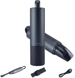 Handheld vacuum cleaner with black matte finish, cordless design, and attachments for cleaning hard-to-reach areas.