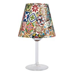 Modernista Tiles Lampshade - Colorful patterned lampshade with a variety of geometric shapes, including circles, stars, and other decorative elements.