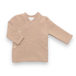Taupe wrap-style baby shirt with long sleeves and ribbed texture. Suitable for infants and toddlers.