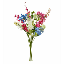 Vibrant multi-colored artificial flower bouquet in a textured ceramic vase.