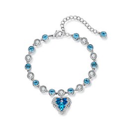 Silver-tone bracelet with blue crystal heart charm, featuring a delicate chain with round blue and clear crystals.