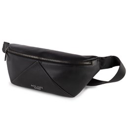  A black leather cross-body bag with a sleek, minimalist design. The bag features a zippered main compartment and an adjustable shoulder strap for hands-free carrying.