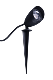 Black outdoor lighting fixture with a sleek, modern design. Features a teardrop-shaped lamp head mounted on a tall, slim stake for ground installation. Ideal for illuminating pathways, gardens, or other outdoor spaces.