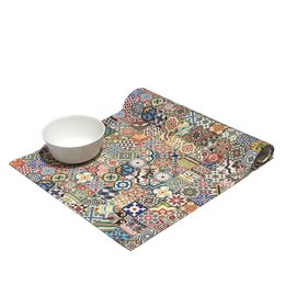 Colorful patterned table runner with a mix of geometric and floral designs, suitable for adding a vibrant touch to your dining table.
