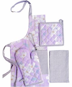 Lilac Blossom Printed Kitchen Textile Set – Apron, Mitt, Pot Holder, Towel – 100% Cotton – 4-Piece