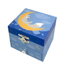 Phosphorescent cube music box with a fox in the forest design, featuring a crescent moon, clouds, and a mirror inside.