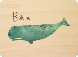 Wooden children's cards with a whale illustration and the word "Baleine" written above it.