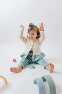 *Bestseller* Sustainable Chic Baby Cardigan Natural with Aqua Frill | 100% GOTS certified organic cotton