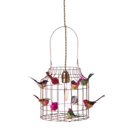 Vintage-style hanging lamp with bird cage design and colorful birds, suitable for a child's room.