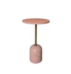 Pink round side table with cylindrical base, modern minimalist design, small accent table