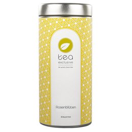 Organic herbal tea in a 50g can, featuring rose petals with a floral, aromatic flavor.