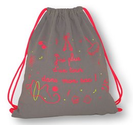 A gray children's backpack with a drawstring closure and red accents. The backpack features a colorful print with various shapes and patterns, including hearts, stars, and other playful designs.