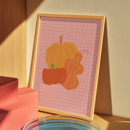  Vibrant pumpkin patch poster with abstract shapes and colors. Suitable for home decor or seasonal display.