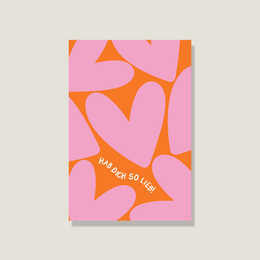  Postcard with pink and orange heart-shaped designs and the text "I love you so much" printed on it. The postcard is part of the Friendship Cards category.