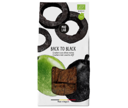 Black olive crackers with a "Back to Black" label. Rectangular crackers with a dark color and olive pieces visible.
