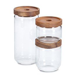  Clear glass storage jar with wooden acacia lid, cylindrical shape, kitchen container