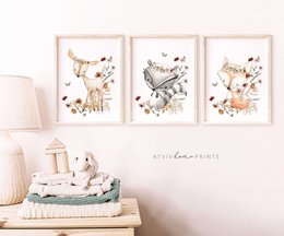 Impresión de vivero de mapache, póster de mapache, impresión de vivero floral, póster de animales del bosque, impresión de flores silvestres, póster de vivero de niñas, habitación de niñas