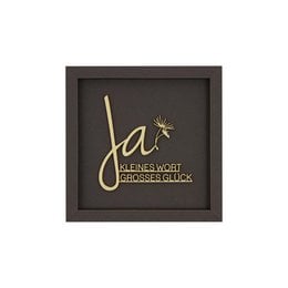 A framed wooden card with gold lettering that reads "Ja, Deine Wort Beschert Glück" (Yes, Your Word Brings Luck). The card is available in various color variants including altrosa, taubengrau, taupe, eosin, aubergine, petrol, rehbraun, dunkelgrau, and schwarz.