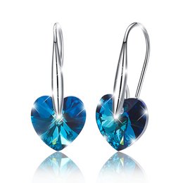 Blue heart-shaped drop earrings made with Swarovski crystals.