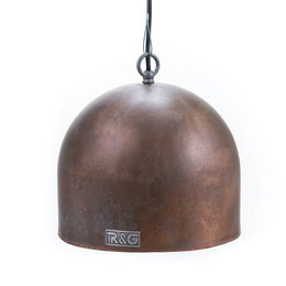 Copper water heater hanging lamp with a round, weathered design. Made of metal with a rustic, industrial style.